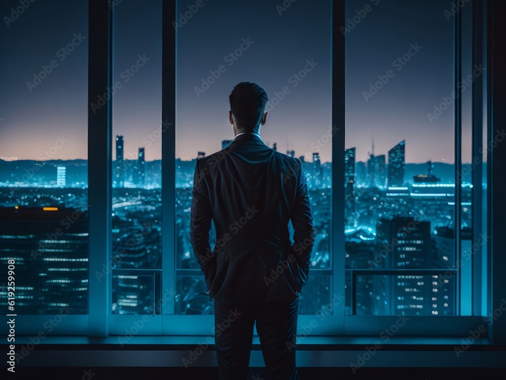 Back view businessman suit standing at office looking at night city through panoramic window. Generative AI
Back view businessman suit standing at office looking at night city through panoramic window. Generative AI