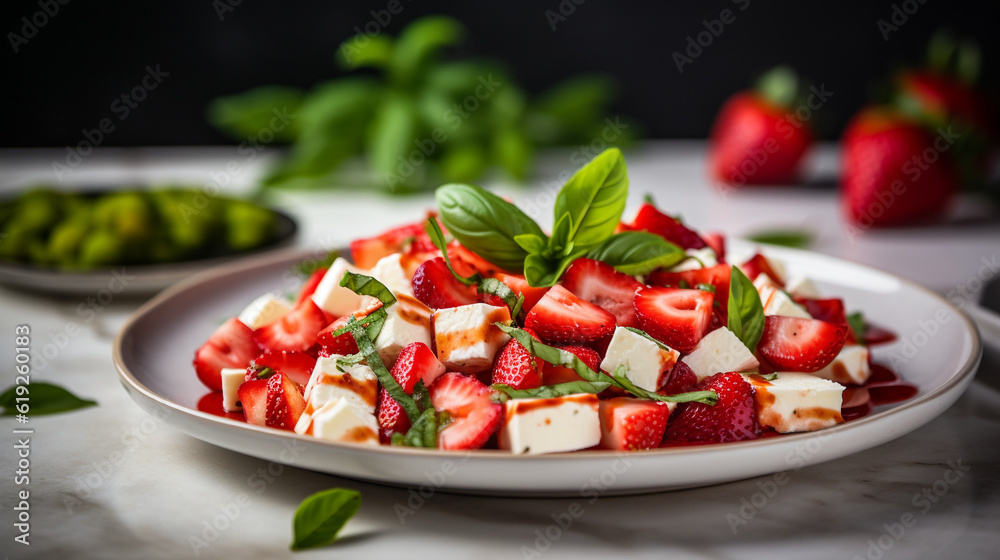 strawberry, basil, cheese salad on a white plate on a tile background strawberry, basil, cheese salad on a white plate on a tile background