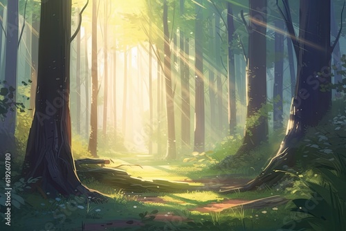 sunlit forest scene. Generative AI © 2rogan