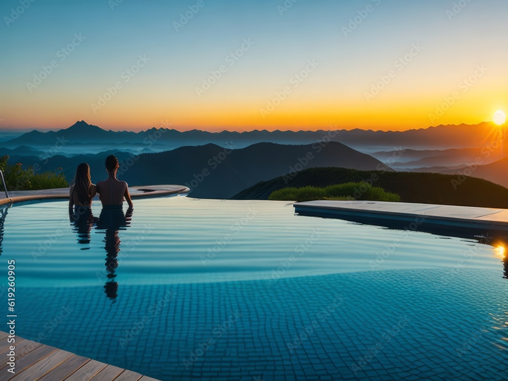 Back view young adult female person enjoy relax in infinity edge luxury outdoor swimming pool looking on fog hill green mountains in warm sunset light. Generative AI
