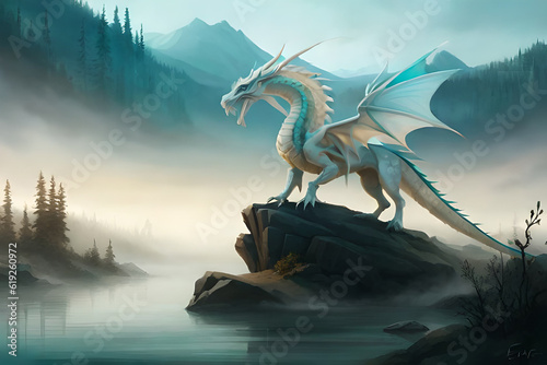 Fantasy friendly dragon portrait. Surreal artwork of danger dragon from medieval mythology