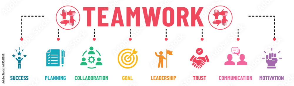 © Mogana - Teamwork infographic banner icons set. Business team, collaboration, teamwork, team management, discussion, interaction and solution. Vector illustration.