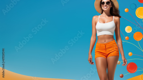 Summer Vibes. Woman in vibrant summer clouthes and colors. Enjoying the sunny season concept Background. Space to text. Copy Space. AI Generative photo