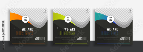 We are hiring job vacancy social media post banner design template with green and black color. We are hiring job vacancy square web banner design.