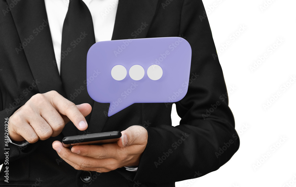 Businessman using mobile phone with speech bubble isolated on transparent background. Businessman using mobile phone with speech bubble isolated on transparent background.