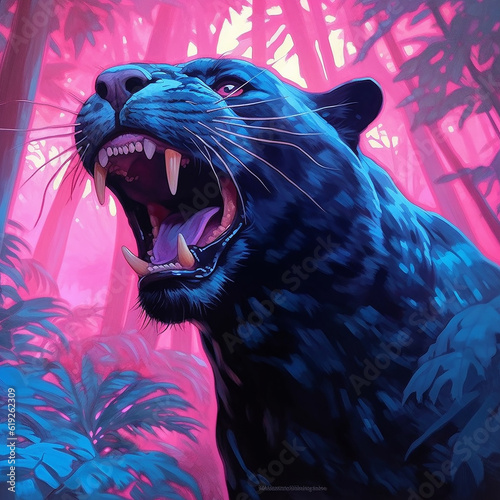 A black panther roaring to the front with a blue gradation to it AI generative