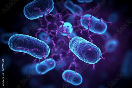 Bacteria cells under a microscope. AI generated, human enhanced