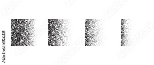 Fading gradient texture set. Black dotted square element collection. Stippled shade object pack. Noise grain dotwork shapes. Halftone effect illustrations bundle. Vector illustration