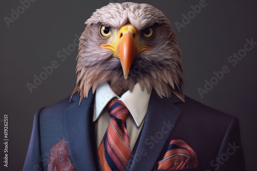 Anthropomorphic Eagle dressed in a suit like a businessman. Business Concept. AI generated, human enhanced.