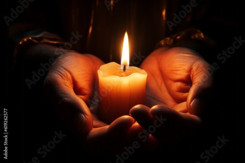 Burning candle in the hands of a man with selective focus. AI generated, human enhanced