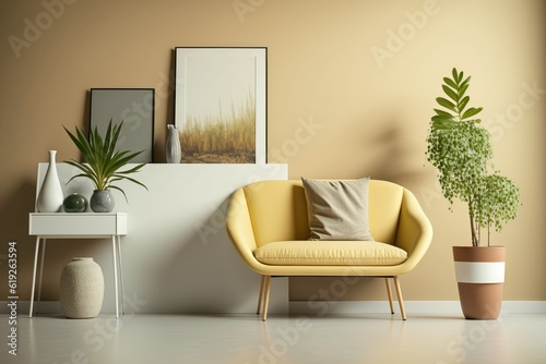 cozy living room with a pop of yellow and greenery. Generative AI