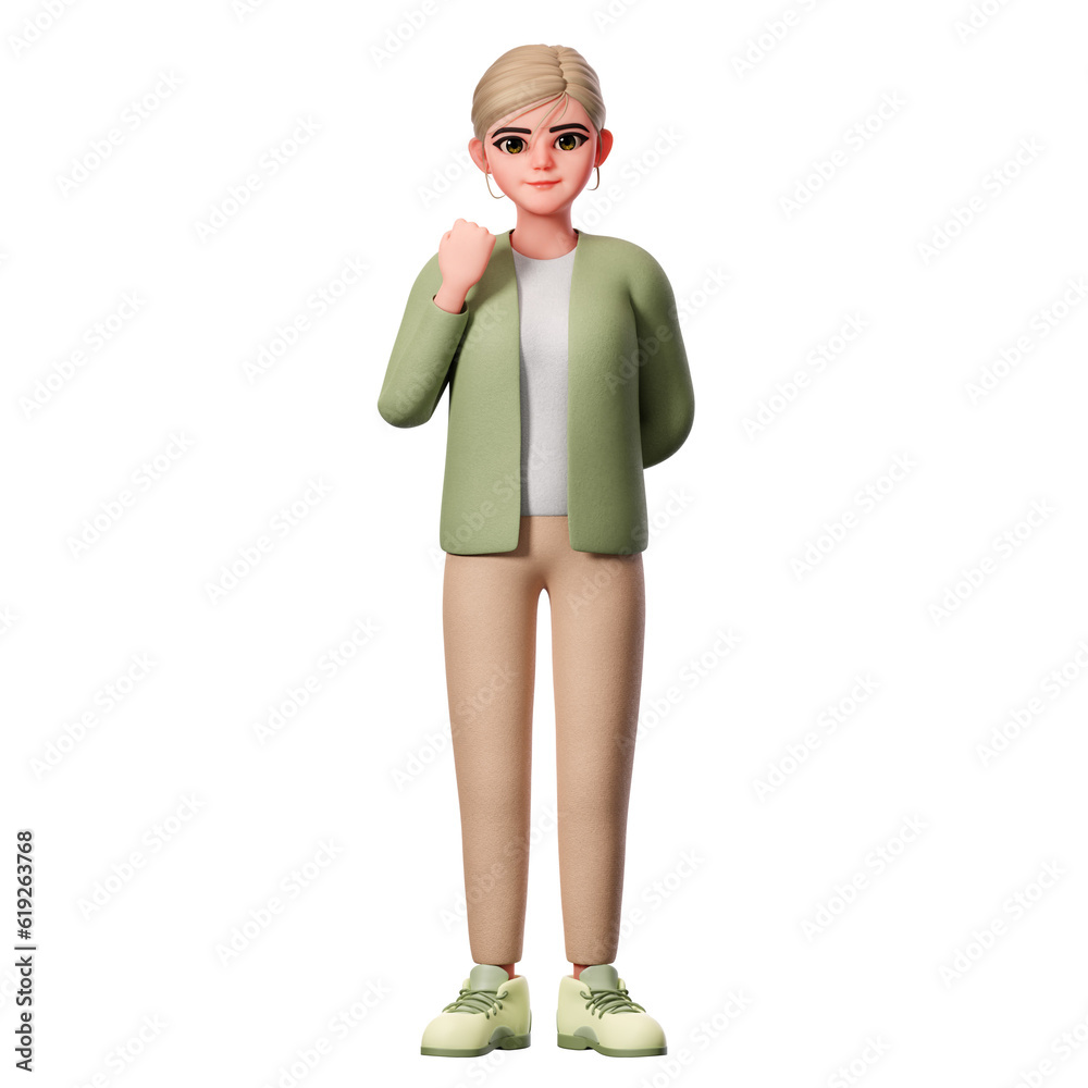 Woman with well-dressed Showing fist using left hand, very happy, 3D Character Render Illustration Woman with well-dressed Showing fist using left hand, very happy, 3D Character Render Illustration