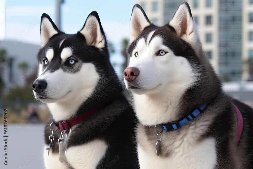 Illustration of two sitting husky dogs in black and white