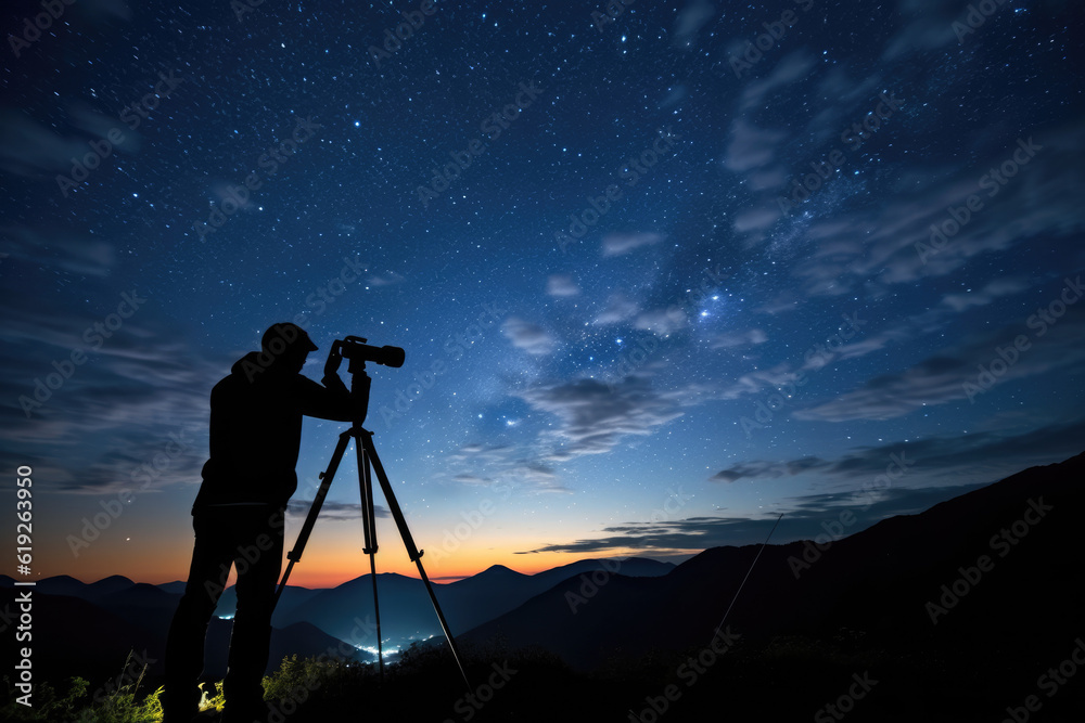 Capturing Cosmic Secrets: A Photographer with Tripod Immersed in Astrophotography, Freezing the Celestial show of Perseids and Milky Way
