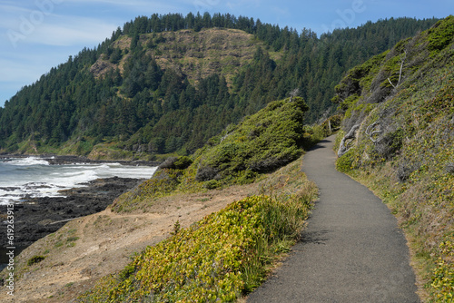 Trail leading to the tide pools and Thor's Well at Cape Perpetua in Oregon, USA. 