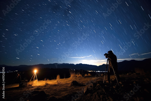 Capturing Cosmic Secrets  A Photographer with Tripod Immersed in Astrophotography  Freezing the Celestial show of Perseids and Milky Way 