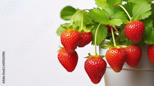 Fresh ripe organic strawberry on the branch. Strawberries in flowerpot.
