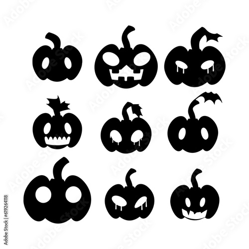 Set of black pumpkin silhouette with creepy smile. Traditional decoration symbol of Halloween celebration. Scary vector illustration isolated on white background. Jack o lantern pumpkin face.