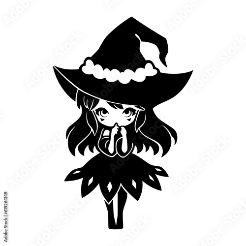 Cute kawaii witch in hat. Black little witch silhouette. Anime cartoon style. Halloween funny character. Vector flat illustration isolated on white background.