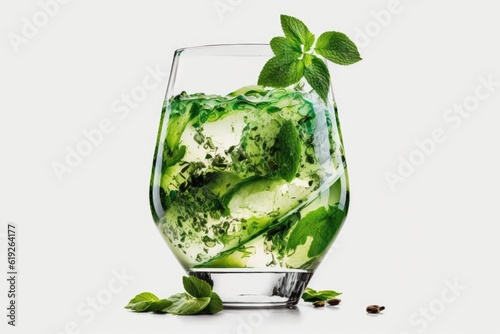 refreshing drink with ice and green leaves in a glass. Generative AI