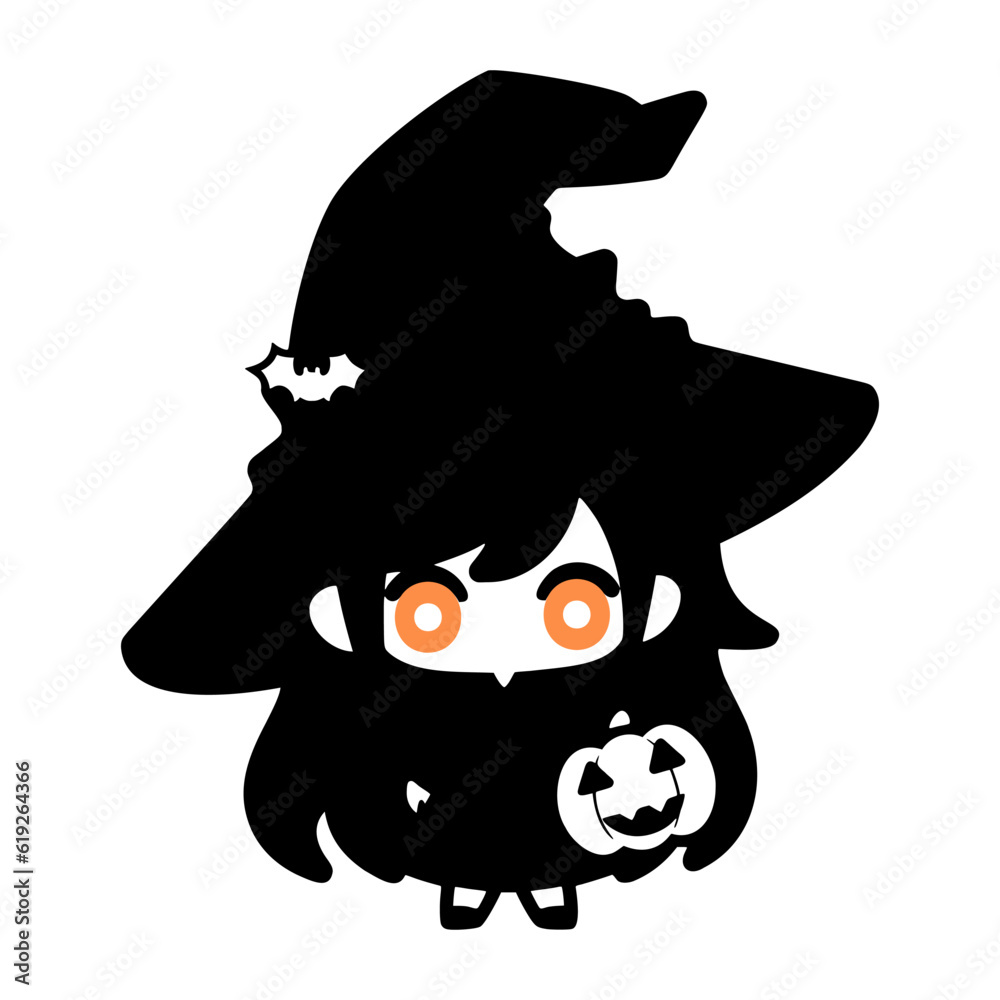 Cute anime girl flat vector, black and white isolated white