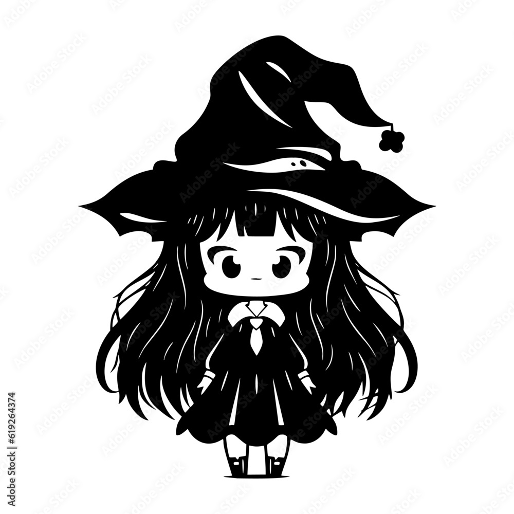 Cute kawaii witch in hat. Black little girl silhouette. Anime cartoon style. Halloween trick or treat funny character. Vector flat illustration isolated on white background.