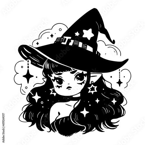 Cute kawaii witch in hat. Black little witch silhouette. Anime cartoon style. Halloween trick or treat funny character. Vector flat illustration isolated on white background.
