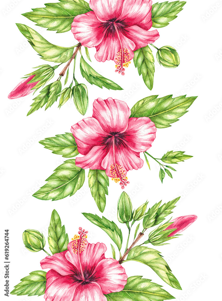 Watercolor background with red hibiscus flowers on a white background Watercolor background with red hibiscus flowers on a white background