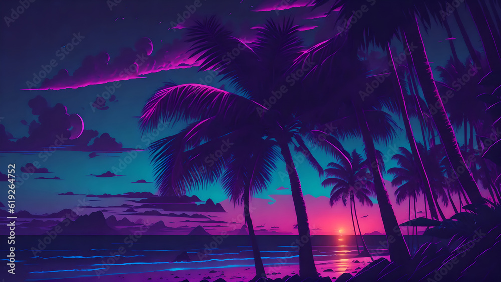 Aesthetic beach synthwave retrowave wallpaper with a cool and vibrant neon design