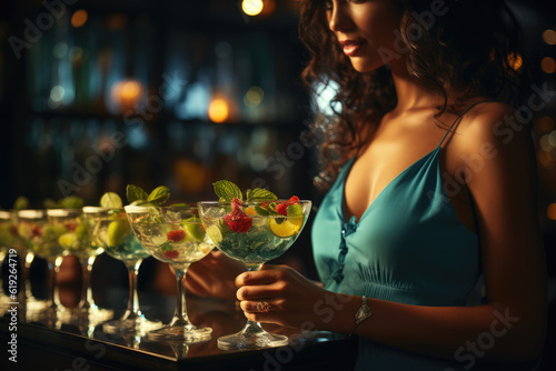 Mojito Tropical Vibes: A Classic Cuban Mojito Cocktail with Rum and Fresh Ingredients, Held by a Seductive Woman 
