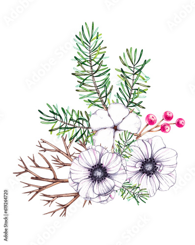 Christmas bouquet of coniferous branches, anemones, cotton on a white background