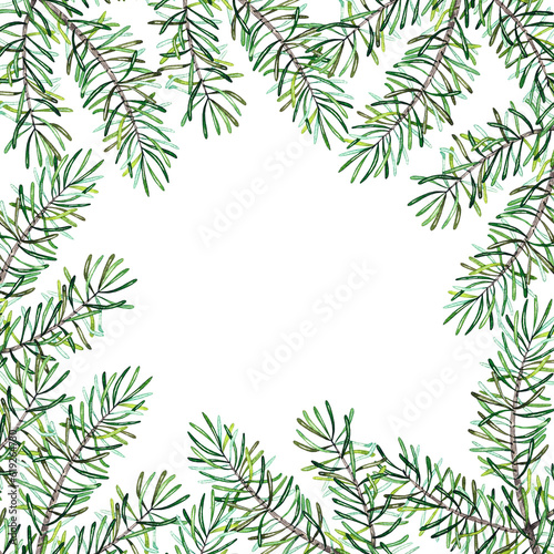 Fototapeta Naklejka Na Ścianę i Meble -  Coniferous square frame made of coniferous branches on a white background