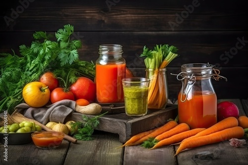 variety of vegetables stored in glass jars on a wooden table. Generative AI
