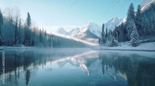 Winter forest reflected in water. Morning sunlight