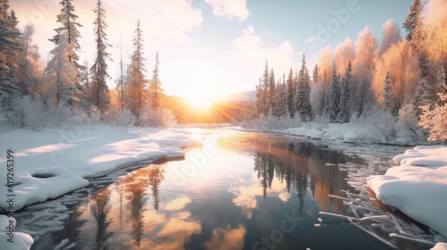 Winter forest reflected in water.  Morning sunlight © tashechka