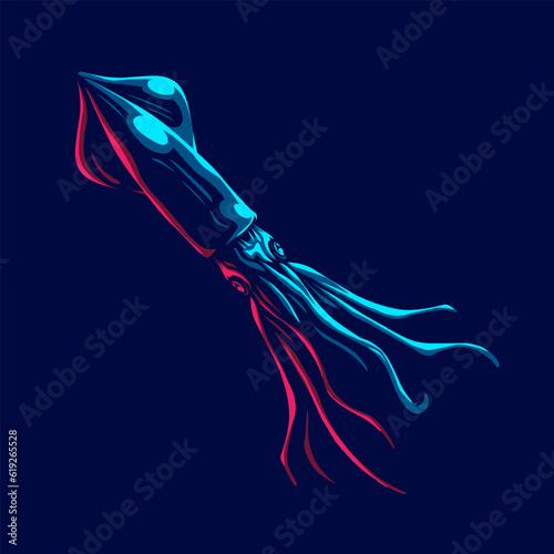 Squid logo with colorful neon line art design with dark background. Abstract underwater animal vector illustration.