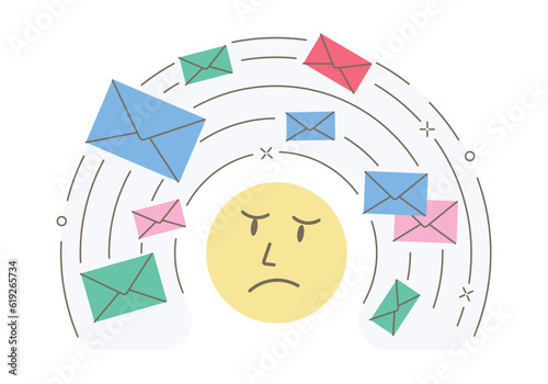 Annoyed emoticon receiving annoying email spam floating around its head. Vector illustration