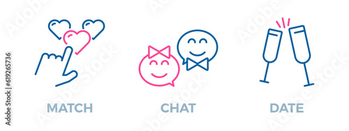 Online dating icon illustrations. Match, Chat and Date icon set. Thumbs up pointing at heart, female and male chat bubbles and drinks graphic elements