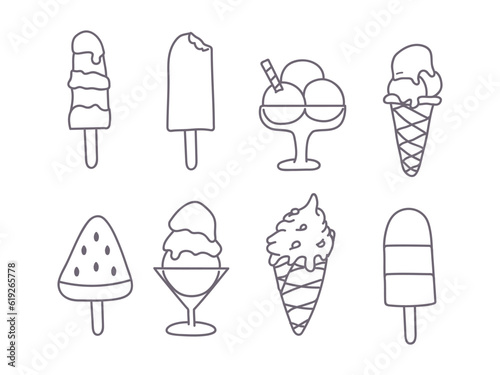 Collection set of unfilled outline icecream summer hand drawn icon sketches. Vector illustrations for ice cream stores, cafes, menus