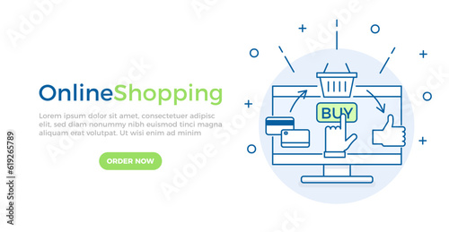 Ecommerce background banner. Online shopping process. Vector banner illustration for online marketing and sales. Hand clicking on buy button. Credit card buying basket of online goods