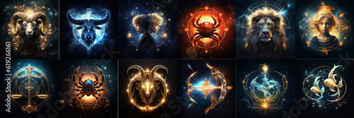 Set of Zodiac signs, Stars series of astrological symbols for horoscope theme, generative AI