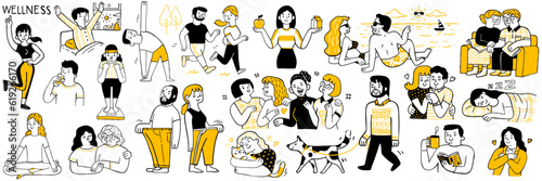 Cute character doodle illustration of how to being wellness, good health, healthcare, friendship, long life couple, happiness with yourself and pet, sleep well. 