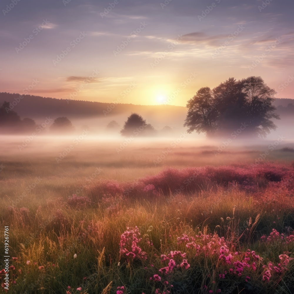 Fototapeta premium A calming and peaceful sunrise over a mistcovered meadow symbolizing new beginnings and hope 