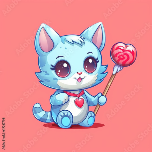 Cute cartoon cat holding a lollipop candy AI generative