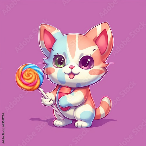 Cute cartoon cat holding a lollipop candy AI generative