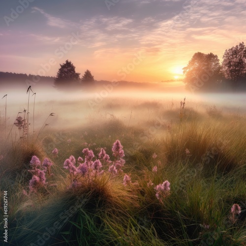 A calming and peaceful sunrise over a mistcovered meadow symbolizing new beginnings and hope 