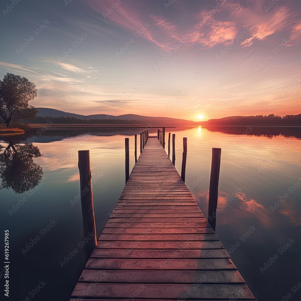 A calming and soothing sunset over a calm lake dock creating a peaceful and reflective atmosphere that encourages inner peace and tranquility generative AI