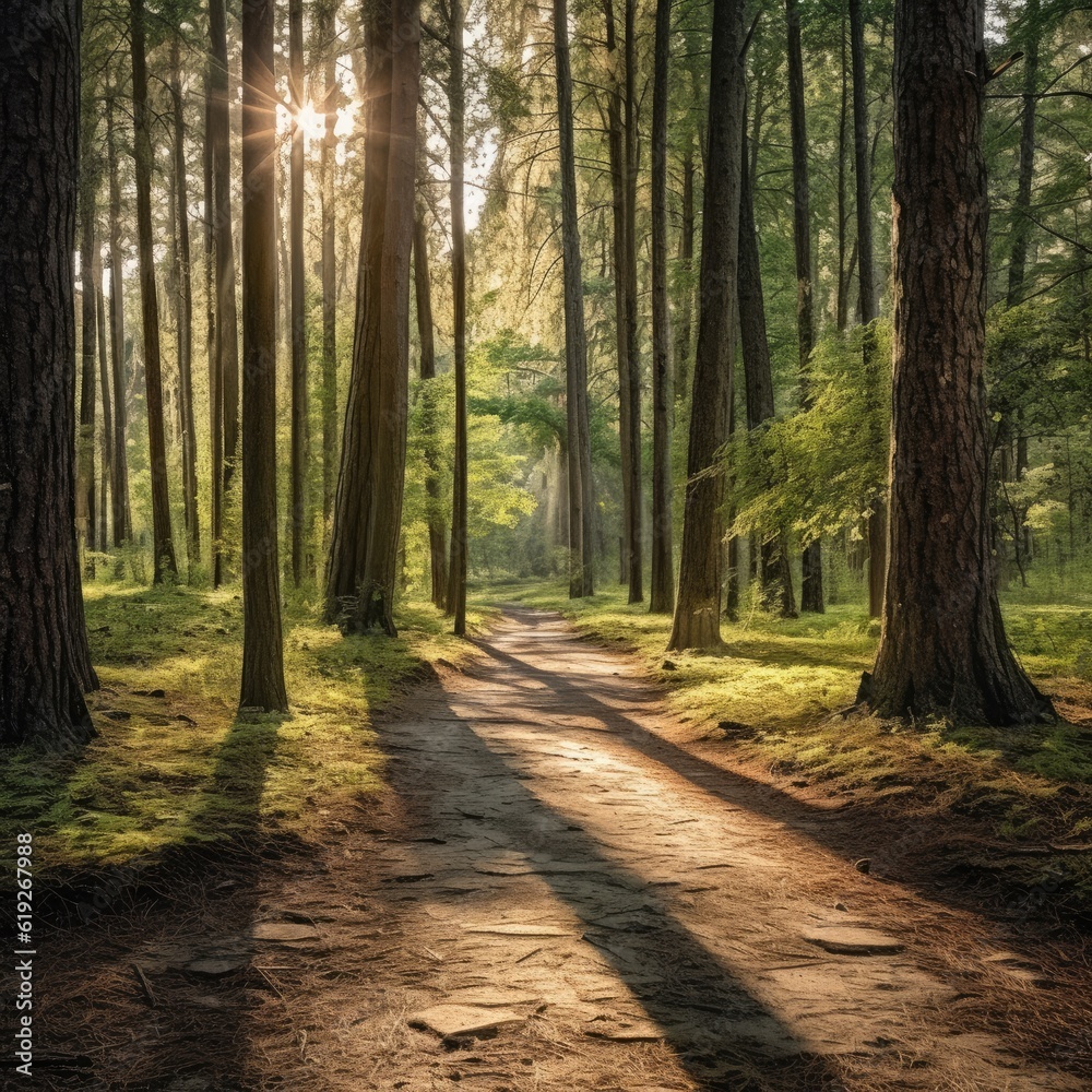 Fototapeta premium A calming and serene forest path with sunlight streaming through the trees offering a tranquil space for self reflection and contemplation generative AI