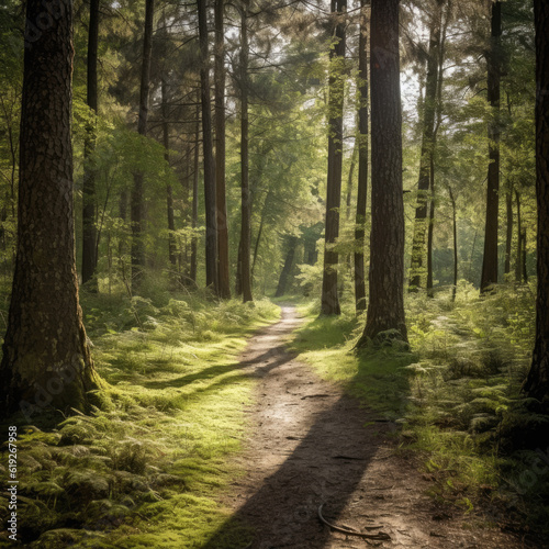 A calming and serene forest path with sunlight filtering through the trees providing a peaceful space for introspection with nature generative AI © Brandon
