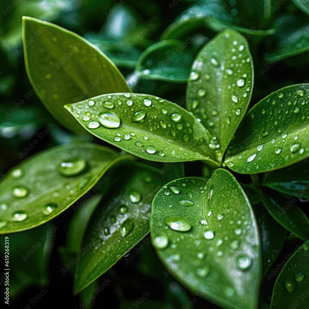 A closeup of dewdrops on fresh green leaves representing the purity and renewal found in nature and inviting a moment of mindfulness and appreciation generative AI